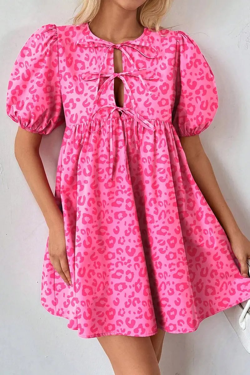Rose Leopard Puff Sleeve Tie Front High Waist Mini Dress - Love Salve